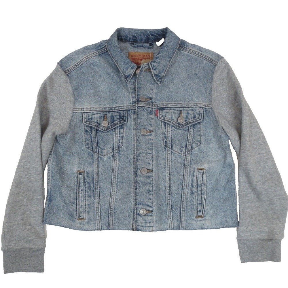 Levis Trucker Jacket Womens Medium Blue Gray Mixed Media Knit Sleeve Raw Hem NEW